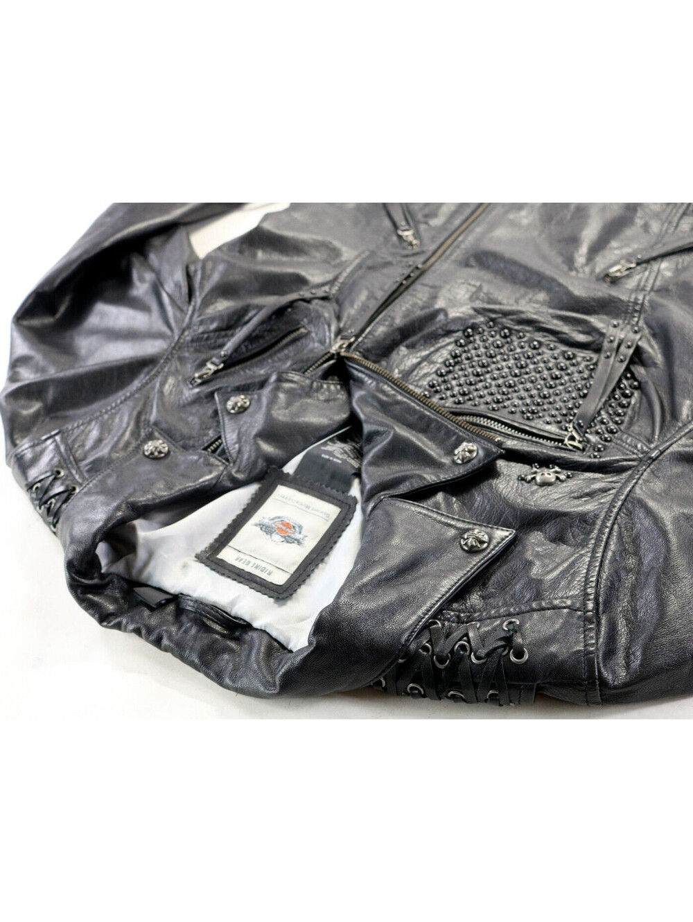 harley davidson double breasted jacket L black leather zip snap soft armor lace